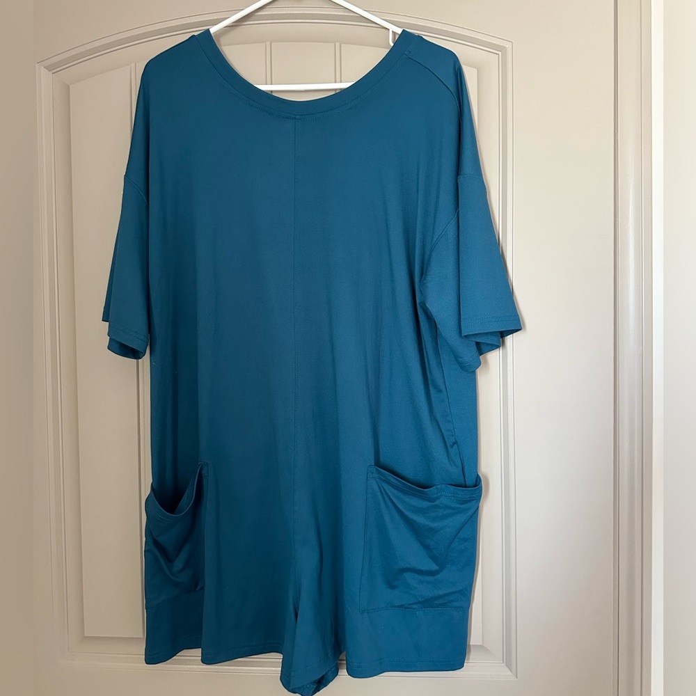 Teal Short Sleeve Romper with Pockets